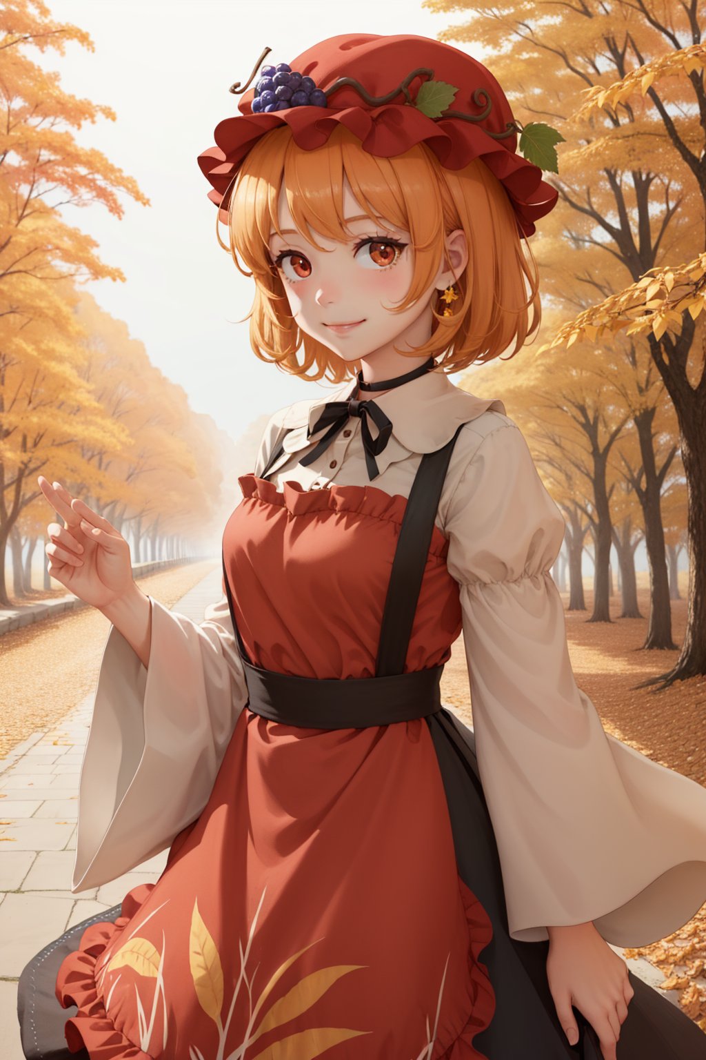 00055-1709973438-(masterpiece, best quality_1.2), , autumn leaves, orange theme, cowboy shot, solo, 1girl, aki minoriko, smile, looking at viewer.jpg